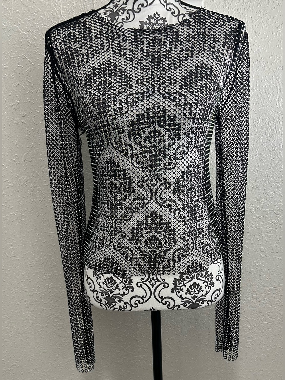 Orange Kiss Rhinestone Fishnet Mesh Top Black Sheer Festival  
Size Medium